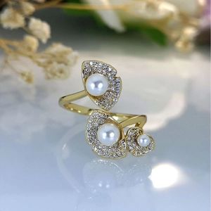 Lotus Leaf Open Adjustable Ring Copper Cubic Zirconia Artificial Pearl Elegant Light Luxury Jewelry For Women