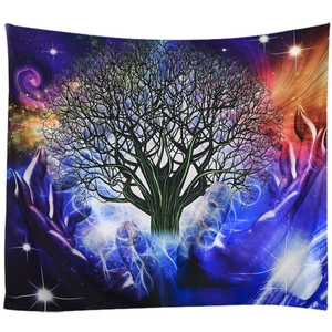 Tapisserie Arbre de Vie fantastique avec étoiles galactiques et fond mystique violet