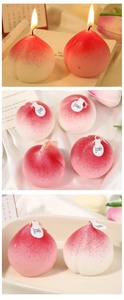 Vertical collage showing peach-shaped scented candle burning and decorative home setup