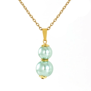 Minimalist gold necklace featuring light green double pearl gourd pendant on white background