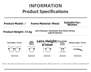 Size chart showing metal butterfly sunglasses dimensions and key technical specifications