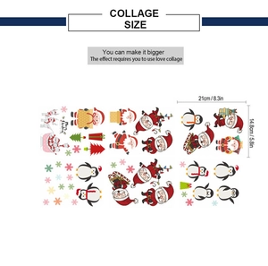 Detailed size chart showing Christmas wall decals with Santa and penguin motifs