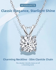 Close-up of a 1-carat moissanite pendant with four-prong setting on a silver chain