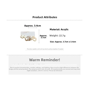 Macro detail showing cream acrylic C-shaped earrings set with product dimensions and specs