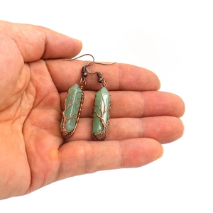 Handmade tree of life earrings with green hexagonal crystal and copper wire wrap