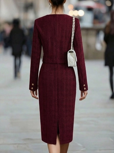 Elegant wine red tweed suit set for women featuring a V-neck jacket and midi skirt