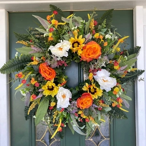 Artificial Sunflower Wreath With Orange Rose Peony Eucalyptus For Front Door Home Wall Decor Summer Farmhouse Style