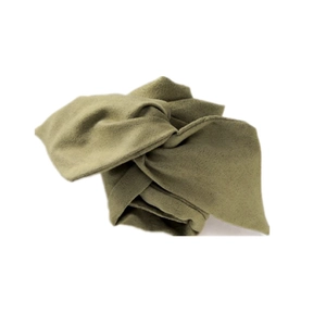 Detail of the olive green fleece twisted headband showing textured warm plush fabric