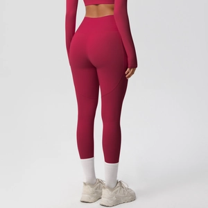 Detail of high-waisted yoga pants featuring heart-shaped back stitching for butt-lifting