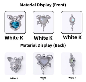 Detail view of heart and scepter pendants for jewelry making in polished white K finish
