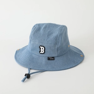 Detail of light blue denim bucket hat with letter B embroidery and adjustable windproof cord