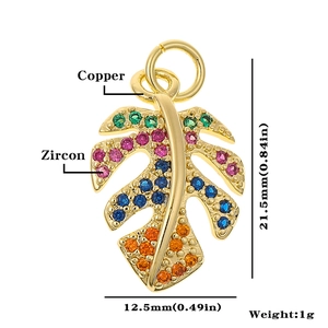 Detailed dimensions of a gold leaf copper pendant with colorful zircon stones