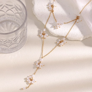 Stainless Steel Flower Lariat Necklace 18K Gold Plated Woven Imitation Artificial Pearl Tassel Y Shape Elegant Niche For Women
