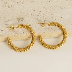 Vintage Twisted Hoop Earrings 18K Gold Plated Stainless Steel Braided Texture C Shaped Minimalist For Women