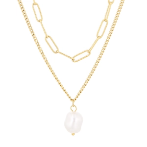 Double-layered gold titanium necklace with baroque pearl pendant and paperclip chain links