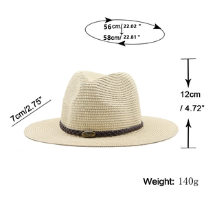 Classic beige straw fedora hat with brown band and elephant metal badge for sun protection