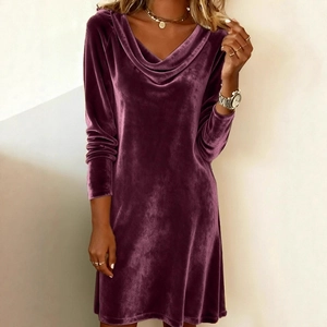 Elegant purple velvet V-neck long sleeve dress with a sleek minimalist silhouette