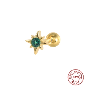 S925 sterling silver gold star stud earring with a green zircon and screw-back closure