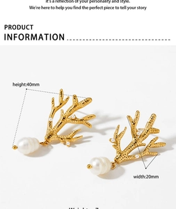 Detailed view of gold coral drop earrings with petite pearls and dimension markings