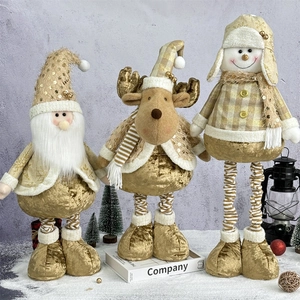 Christmas Telescopic Doll Ornaments Standing Santa Claus Reindeer Snowman Champagne Gold Sequin Plush Long Legs Home Decoration