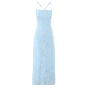 Light blue floral lace maxi dress with spaghetti straps and criss-cross back detail