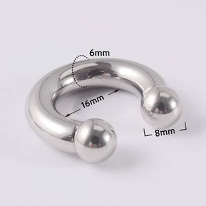 Macro detail of 6mm stainless steel horseshoe ring showing 16mm inner diameter dimensions