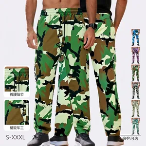 Men Camouflage Cargo Pants 100% Polyester Drawstring Multi Pocket Casual Streetwear Jogger Trousers