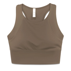 Dettaglio del reggiseno sportivo marrone con dorso a vogatore, taglia S e bordo largo