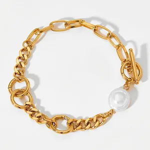 Edelstahl Armband Mit Großer Kunstperle Knebelverschluss Grobe Geometrische Gliederkette Vintage Barock Schmuck Für Damen