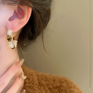Close-up of hoop earring with tiger eye beads and gold accents on model ear