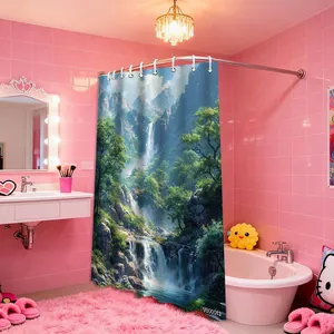 Detailed macro view of 3D forest waterfall landscape printed on a waterproof bath curtain