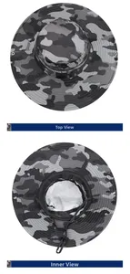 Detail view of camouflage sun hat with breathable mesh vents and adjustable wind cord