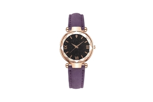 Detail of starry sky dial with faceted glass edge and purple suede watch strap