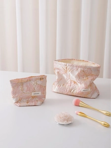 Cosmetic Bag Jacquard Floral Pattern Large Capacity Travel Makeup Organizer Portable Handbag For Women Pink Gold