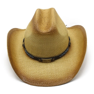 Classic straw cowboy hat with brown gradient, ethnic embroidery and metal buckle detail
