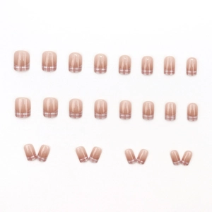 French gradient blush pink checkered short square press-on nails 24pcs set in flat lay view