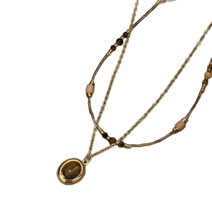 French vintage tiger eye stone oval pendant necklace with layered gold beaded chains