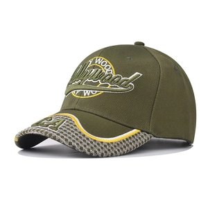 Detail of army green baseball cap featuring Hollywood embroidery and checkerboard brim