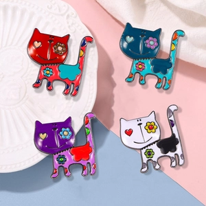 Cute Cartoon Cat Brooch Enamel Alloy Badge Pin Colorful Flower Heart Pattern Clothing Backpack Decoration For Women Girls