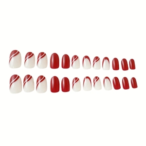 Faux ongles courts ovales rouges style French avec rayures rouges et fini brillant