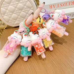 Cute bunny cream ice cream oil keychain in multiple macaron colors with sweet bells