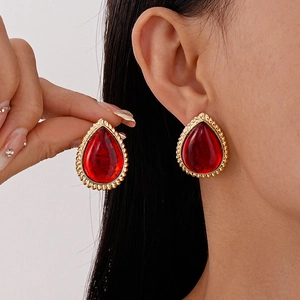 Vintage Rote Harz Wassertropfen Ohrringe Mit Silbernem Ohrstecker Legierung Vergoldet Französischer Stil Eleganter Schmuck