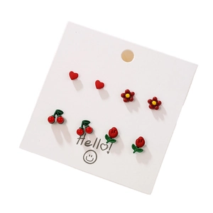 Colorful 6-piece fruit stud earring set featuring cherry and tulip designs on a white card