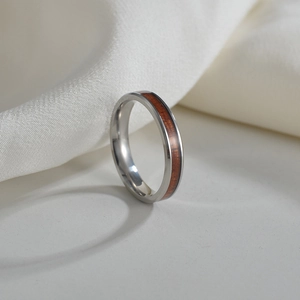 Polished silver titanium ring with natural Koa wood inlay for couples and women