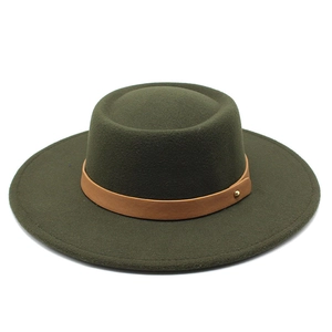 Deep green flat top wool felt fedora hat with brown leather band and gold stud accent