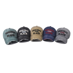 Five vintage washed cotton baseball caps with THE BLACK embroidery in assorted colors