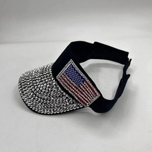 Visiera parasole alla moda con bandiera americana in strass e tessuto nero per esterni