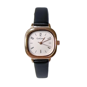 Vintage women's square quartz watch with rose gold case and black leather strap