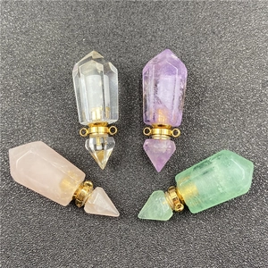 Hexagonal crystal perfume bottle necklaces in rose quartz, amethyst, and fluorite