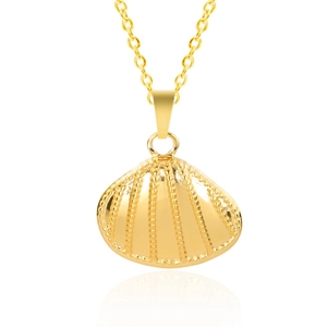Detailed view of an 18k gold plated shell pendant necklace with mirror reflection